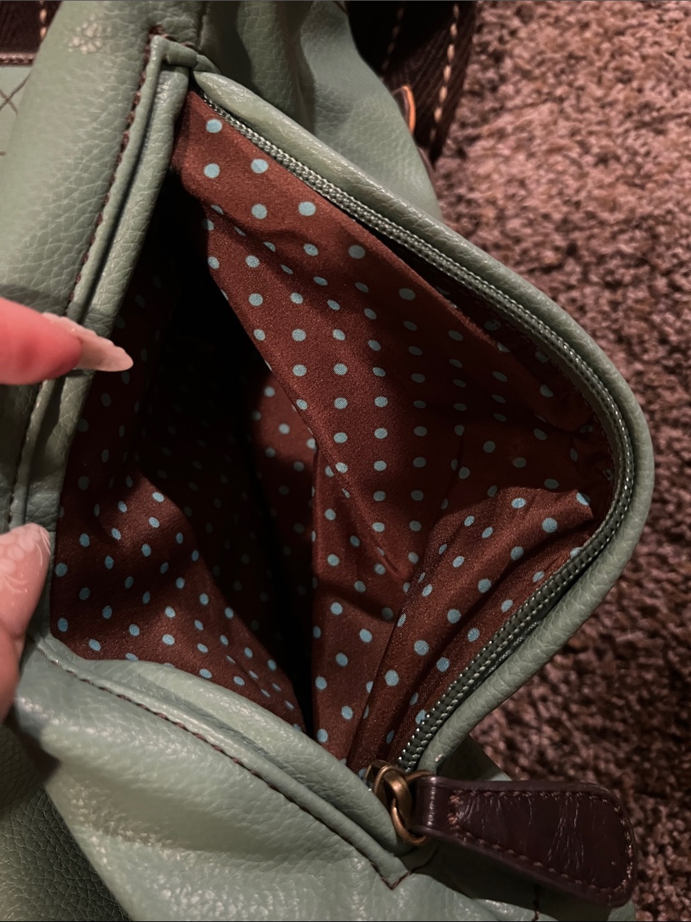 Chala- Turquoise Tote with Polka Dot Lining - Picture 8 of 11